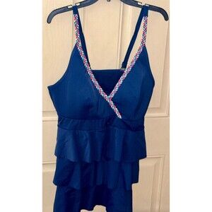 Cacique Women's Plus 16 Navy Ruffle Tankini Swim Top Rainbow Straps Adjustable